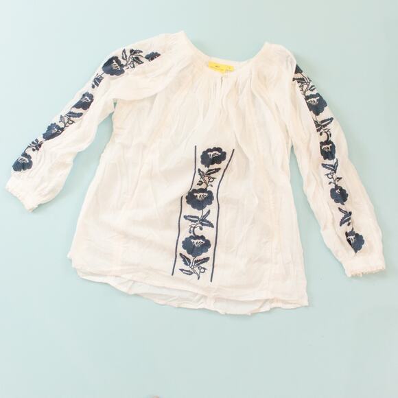 Roberta Roller Rabbit White Navy Peasant Embroidered Blouse Size Small - Picture 1 of 7